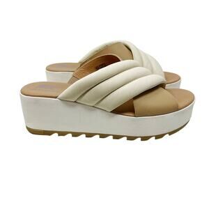 Sorel Womens 9.5 Chalk Honest Beige Cameron Flatform Puff Mule Sandal Leather